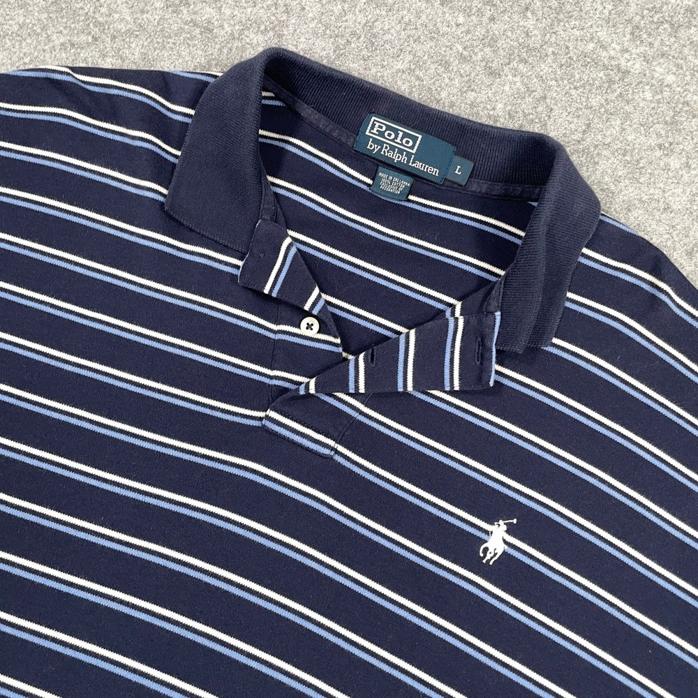 Polo Ralph Lauren Mens Polo Shirt L Navy Blue Striped Short Sleeve Cotton